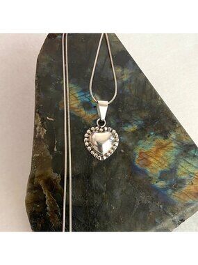 Sterling Silver 925 Puffy Heart Pendant Necklace 17.75" Snake Chain